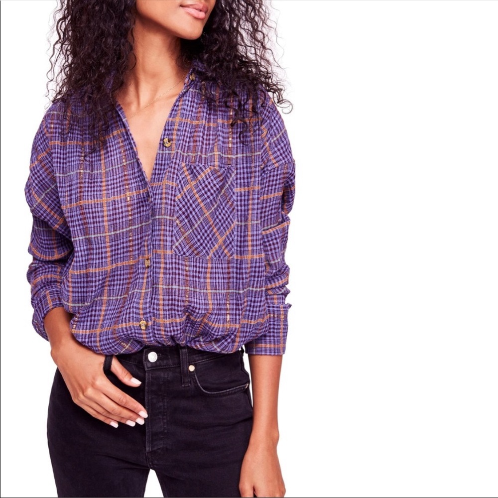 Free People multicolor plaid button down long sleeve oversized pleated flowy top